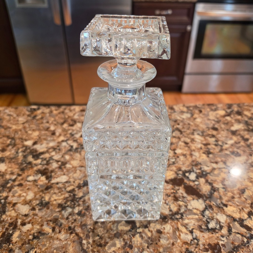 Vintage Square Cut Glass Whiskey Decanter with Faceted Stopper Clear Barware